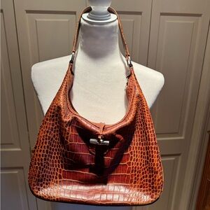 Longchamp Brown Crocodile Embossed Shoulder Bag